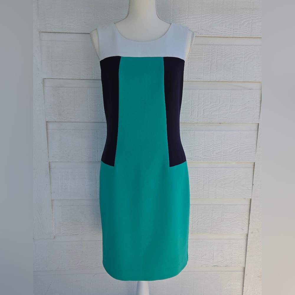 Banana Republic Colorblock Sheath Dress Teal Navy White Sleeveless Work Size 4